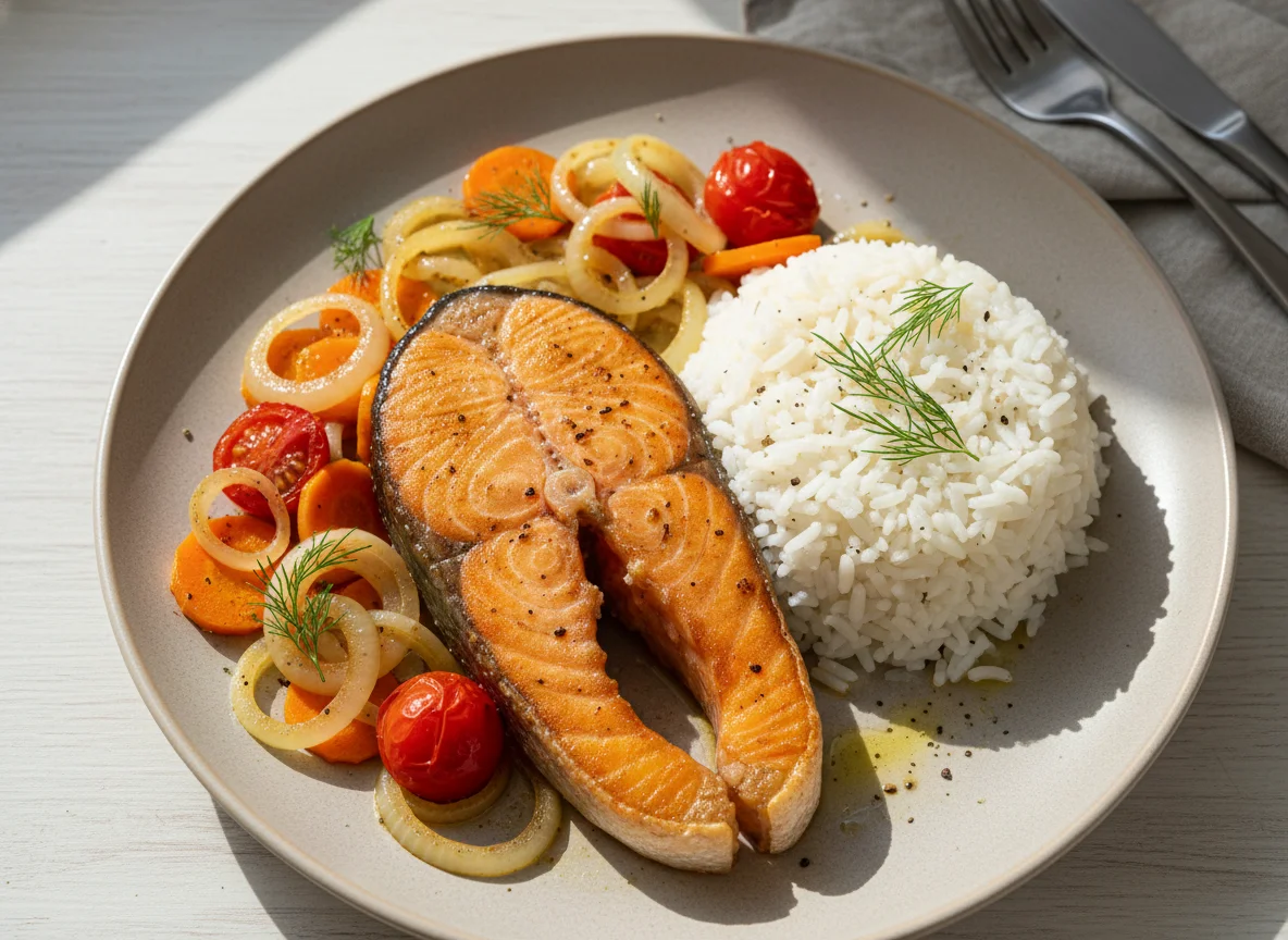 Рыбный стейк с рисом и овощами photo