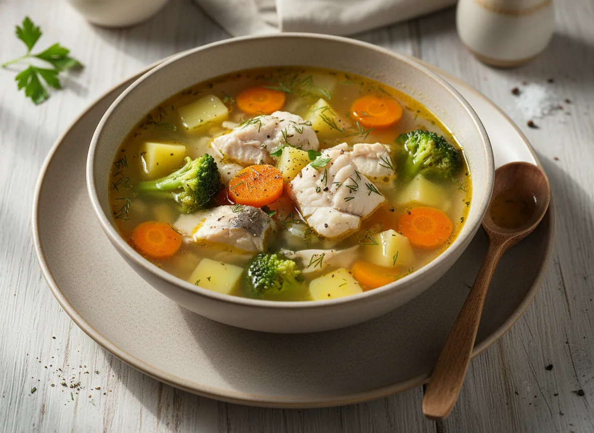 Рыбный суп с брокколи и картофелем photo
