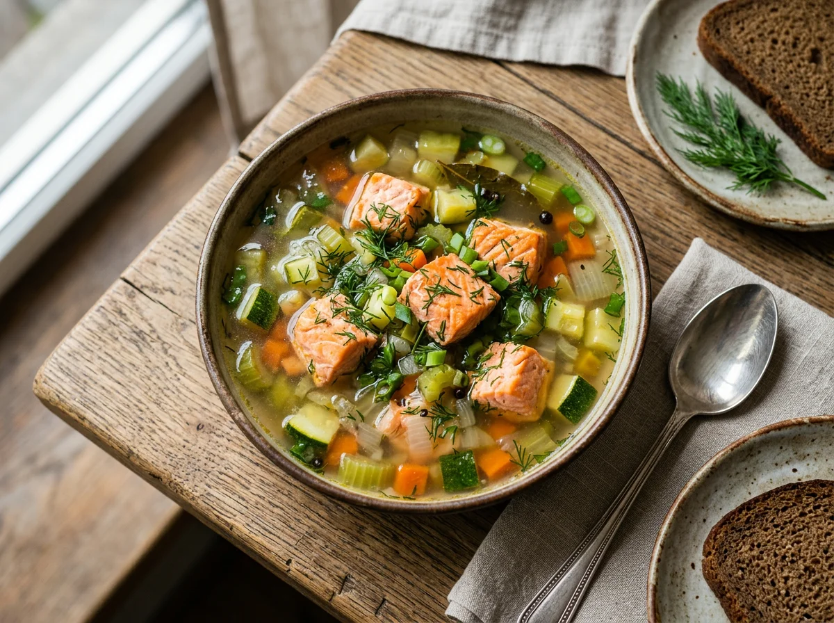 Рыбный суп с лососем и овощами photo