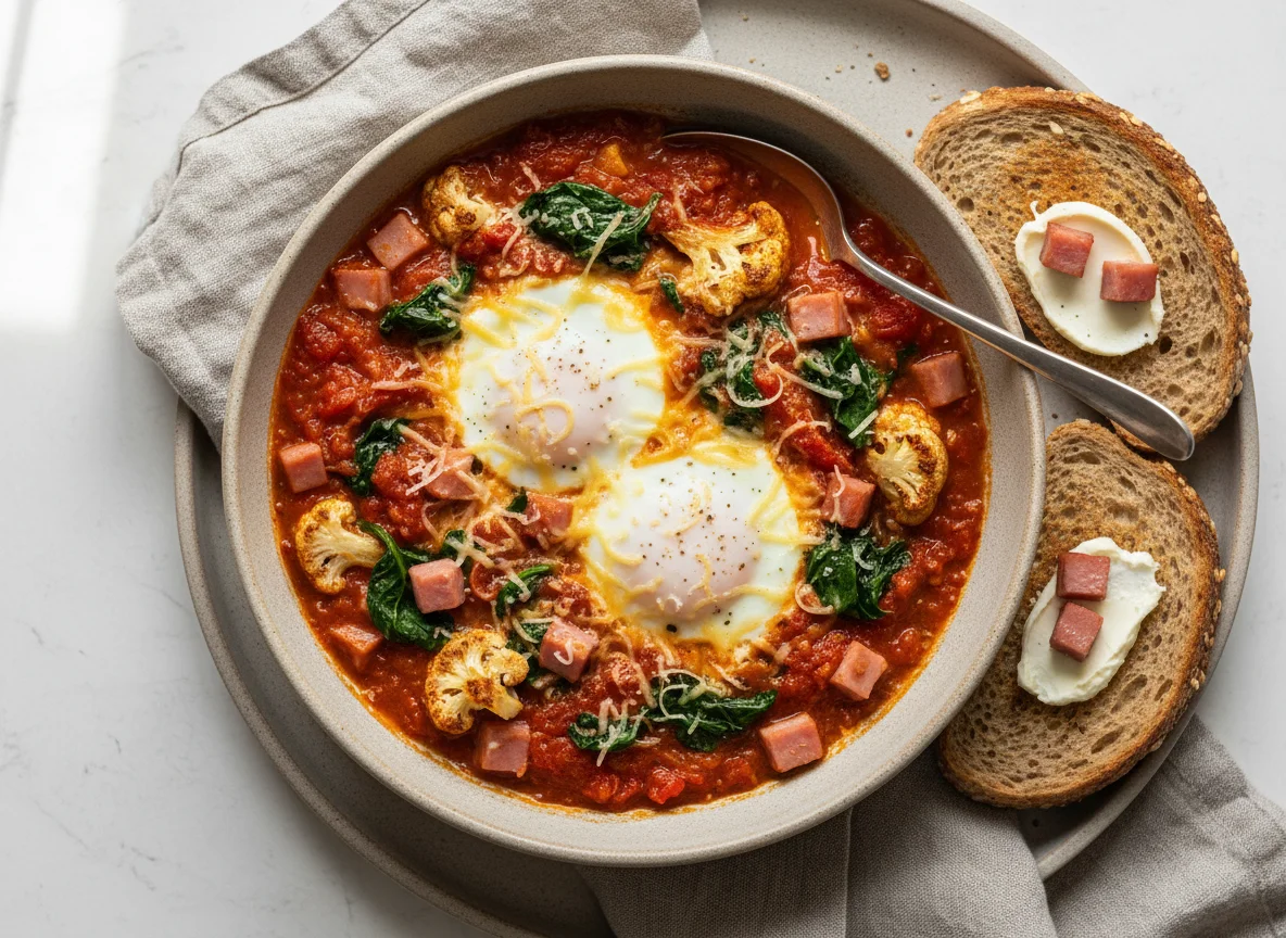 Шакшука с цветной капустой, шпинатом и тостом photo