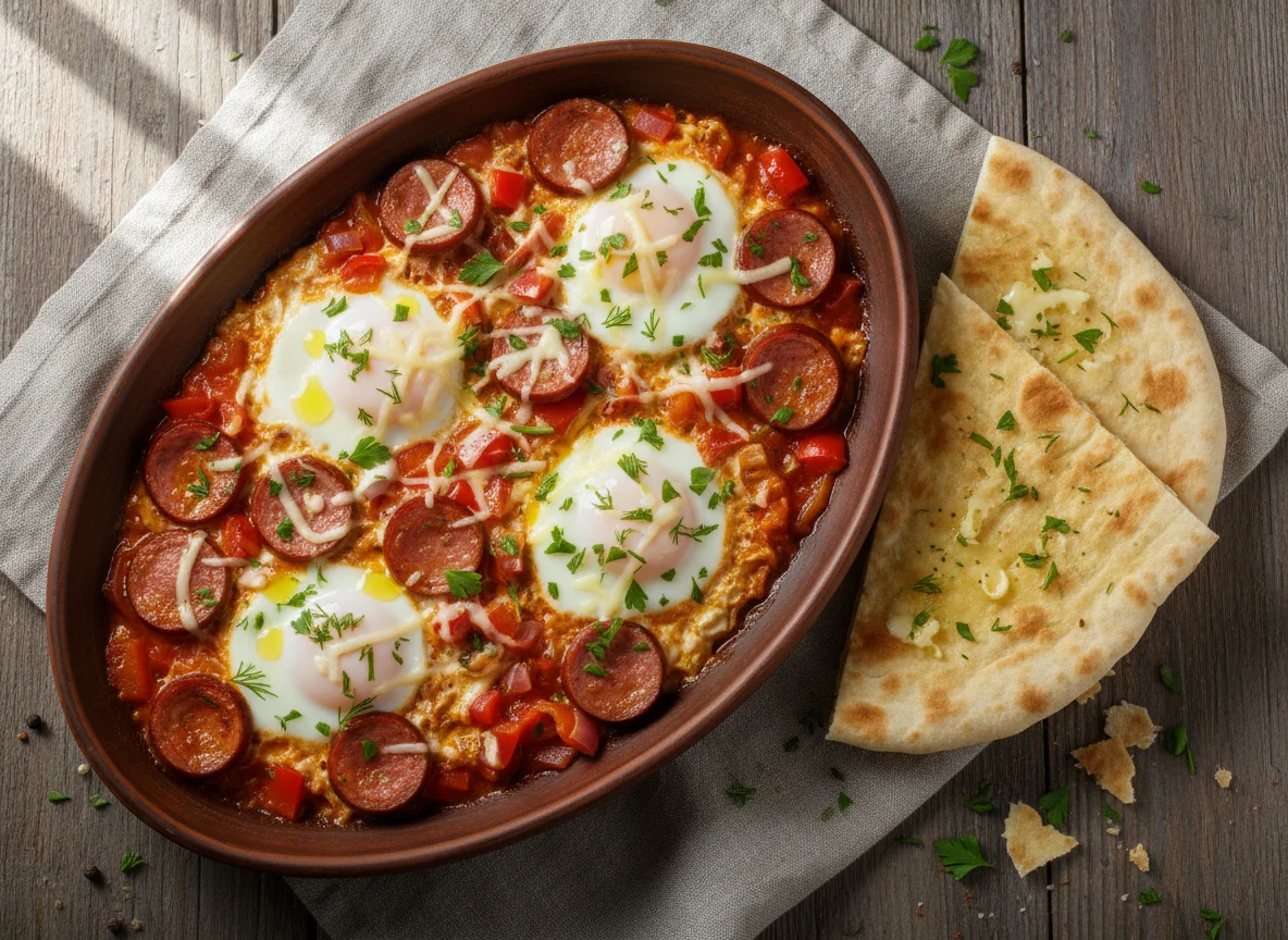 Шакшука с колбасой и сыром и лавашом photo