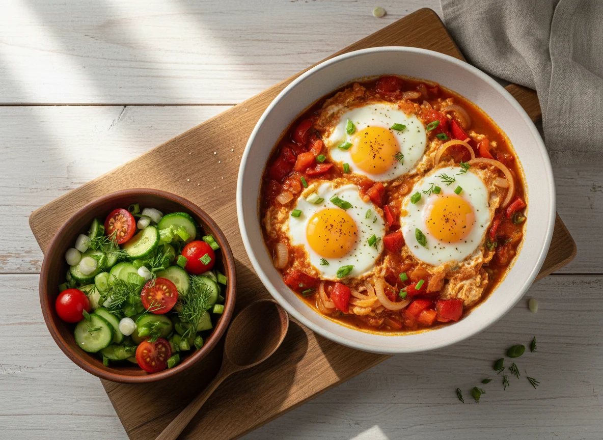 Шакшука с овощным салатом photo