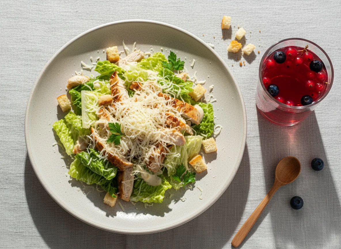 Салат Цезарь и ягодный морс photo