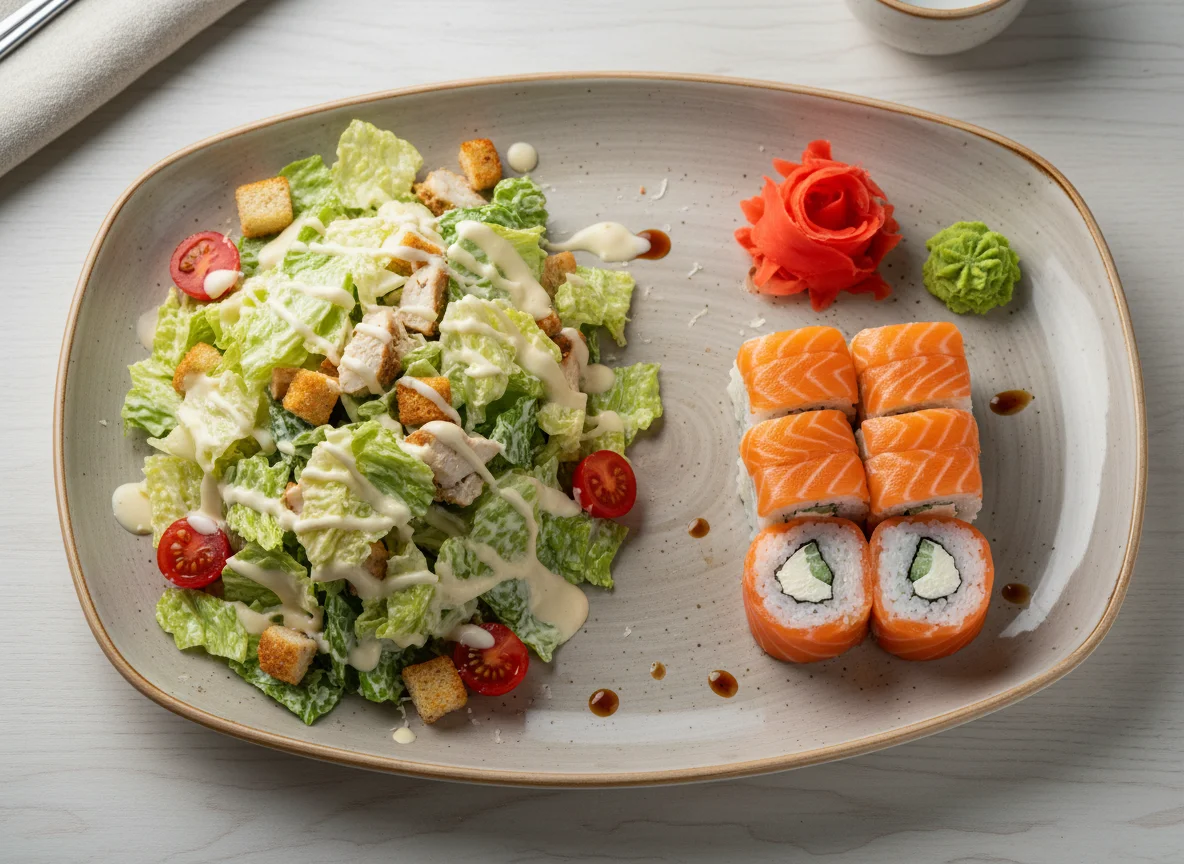 Салат Цезарь и роллы photo