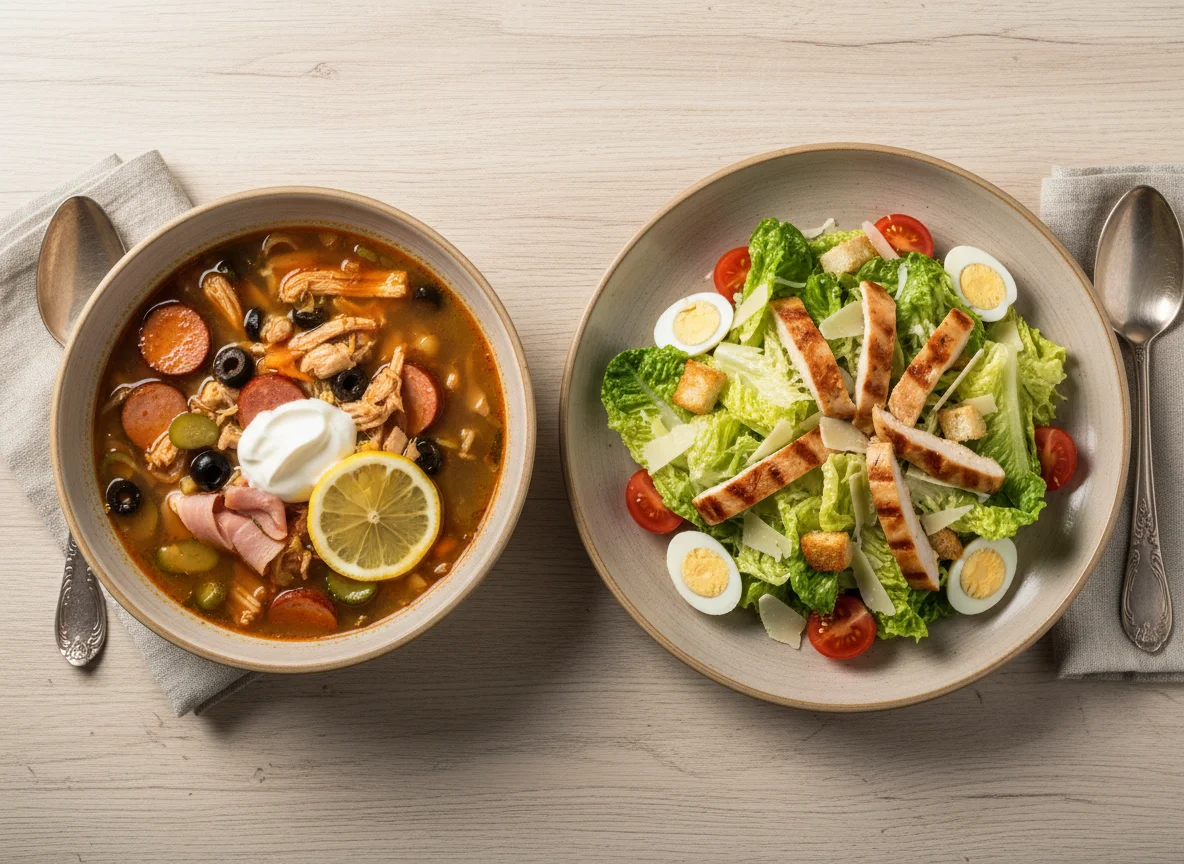 Салат Цезарь и Суп Солянка photo