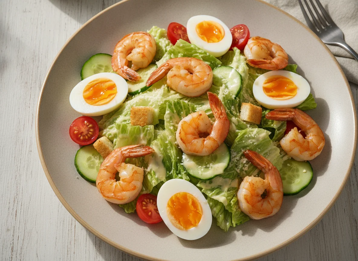 Салат Цезарь с креветками и яйцом photo