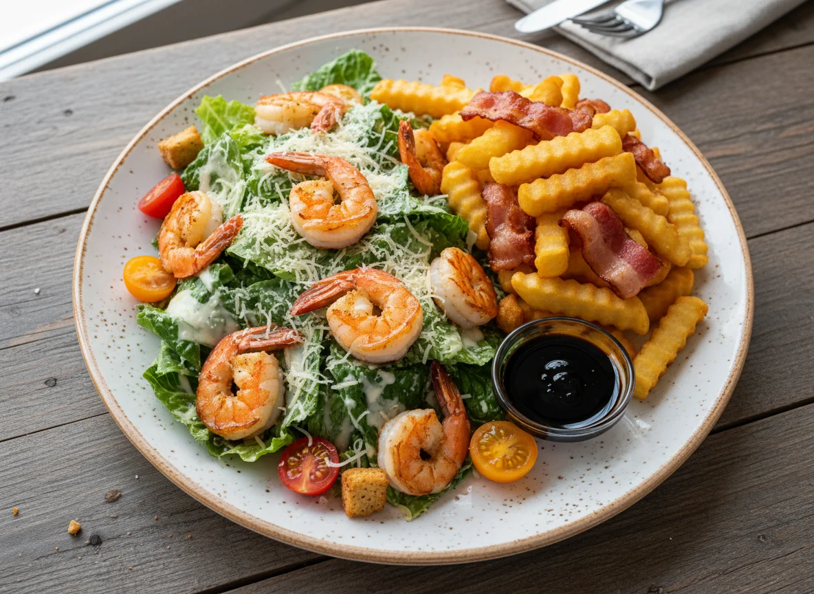 Салат Цезарь с креветками и картофель фри с беконом photo