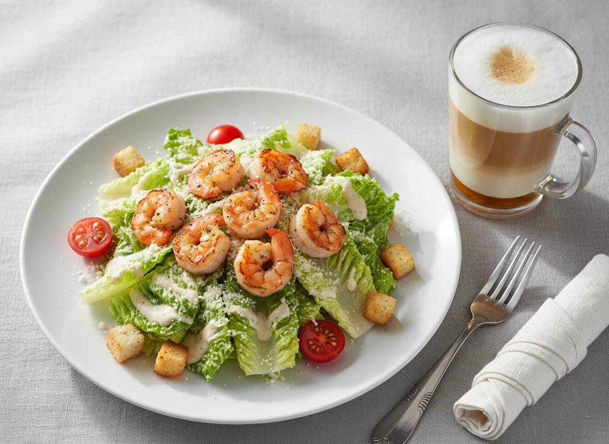 Салат Цезарь с креветками и латте photo