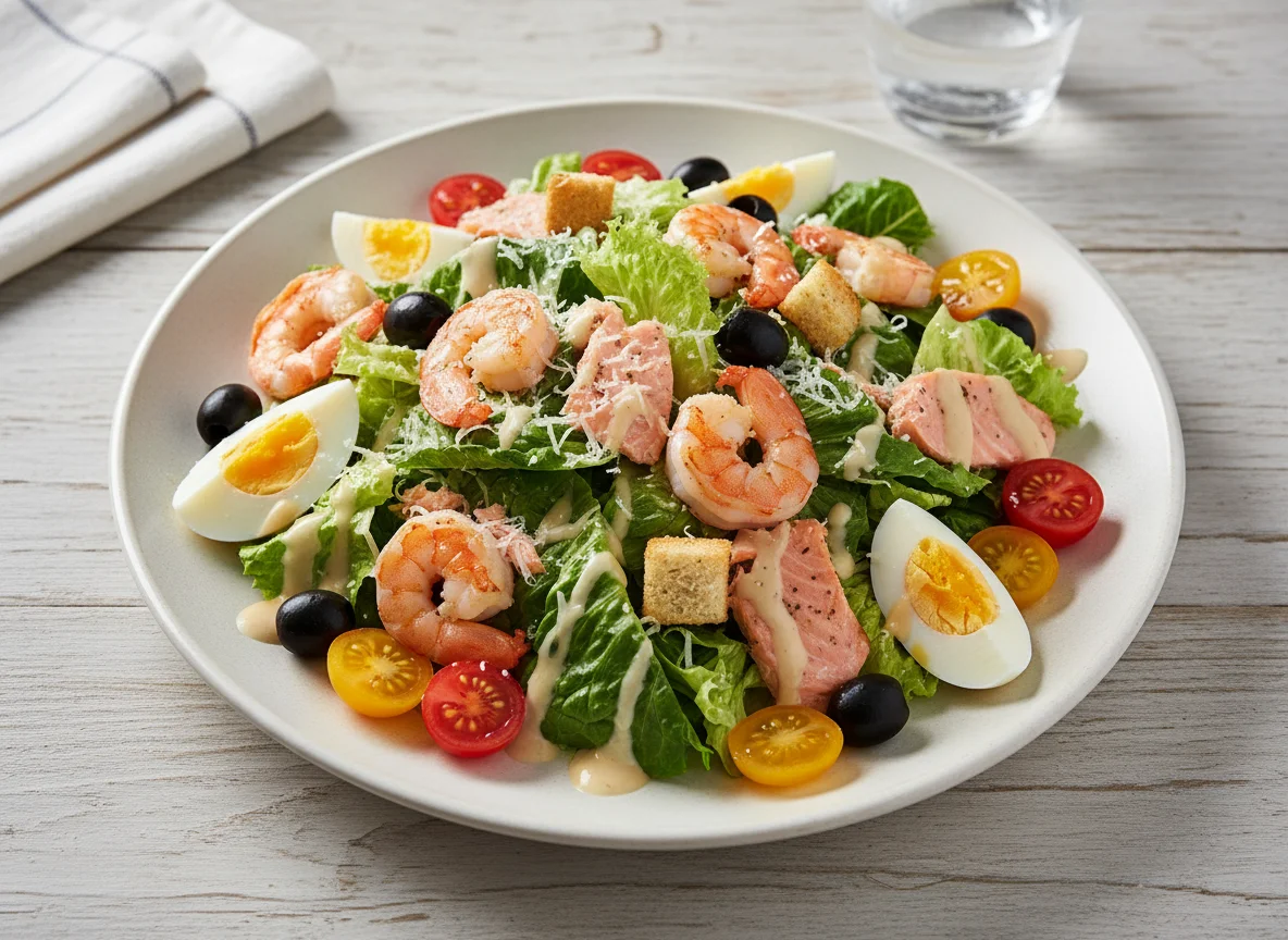 Салат Цезарь с креветками и лососем photo