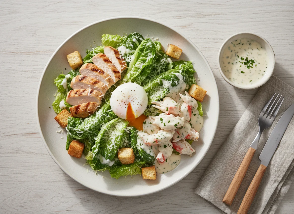 Салат Цезарь с курицей и фаланги краба в кокосовом соусе photo