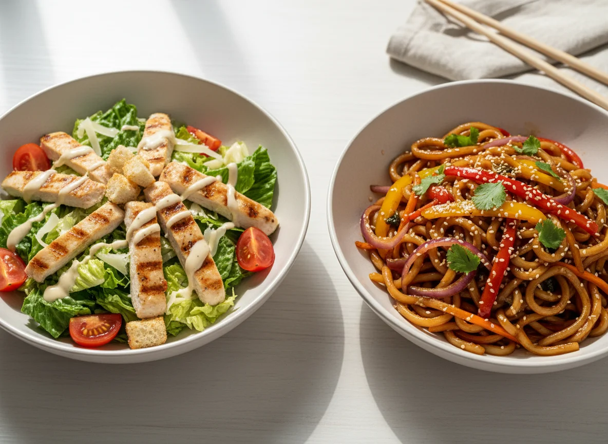 Салат Цезарь с курицей и лапша Удон с овощами photo