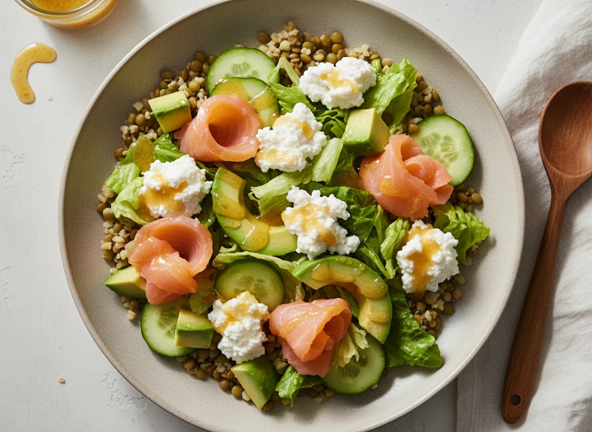 Салат "Фреш" с авокадо, творогом и слабосолёным лососем с имбирно-медовой заправкой photo