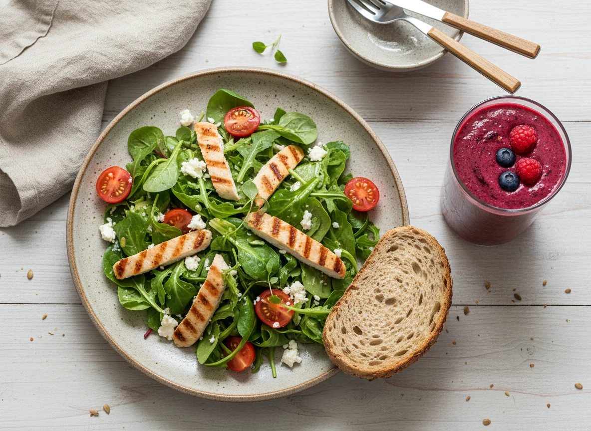 Салат, хлеб и смузи photo