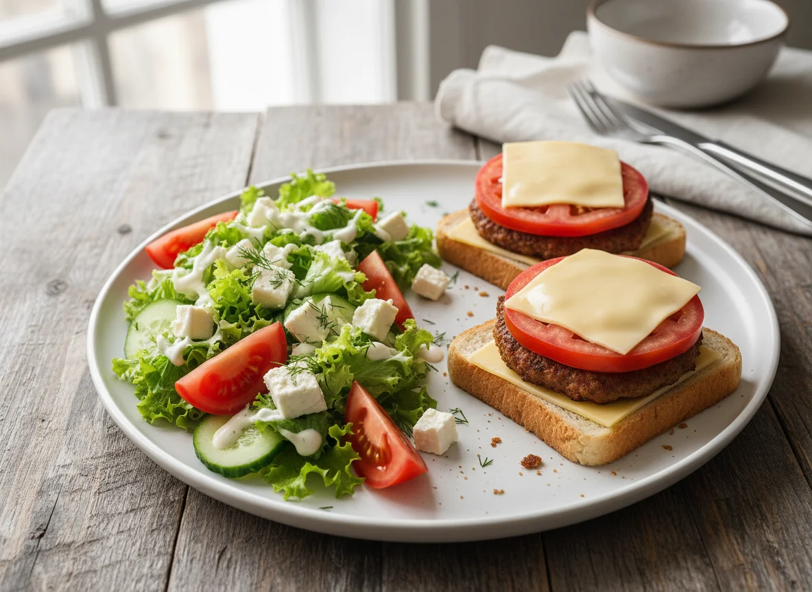 Салат и бутерброды с мясом и сыром photo