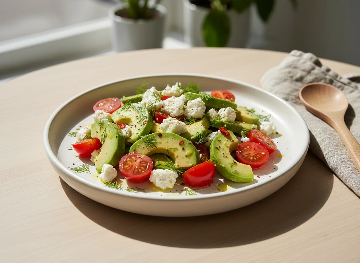 Салат из авокадо, помидоров и сыра фета photo