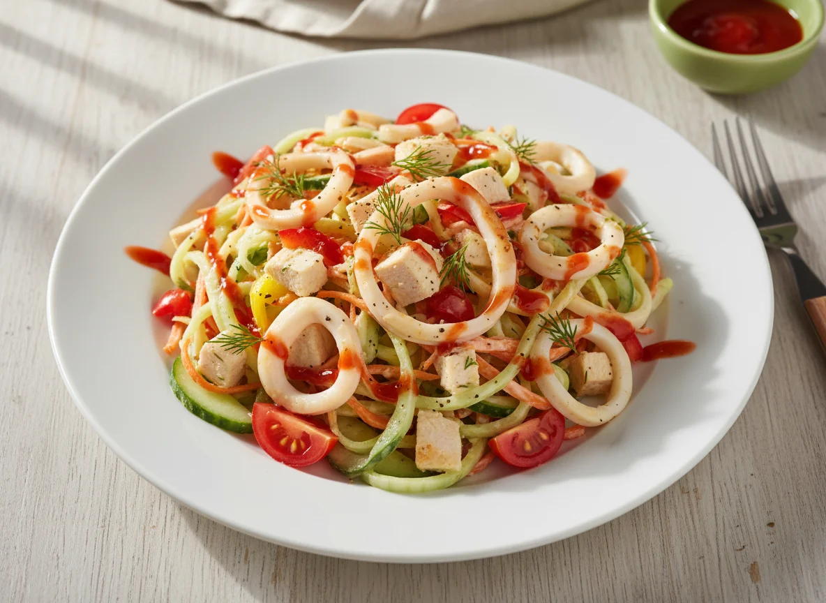 Салат из кальмаров и овощей с курицей photo