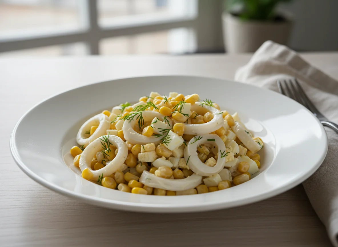 Салат из кальмаров с яйцом и кукурузой photo