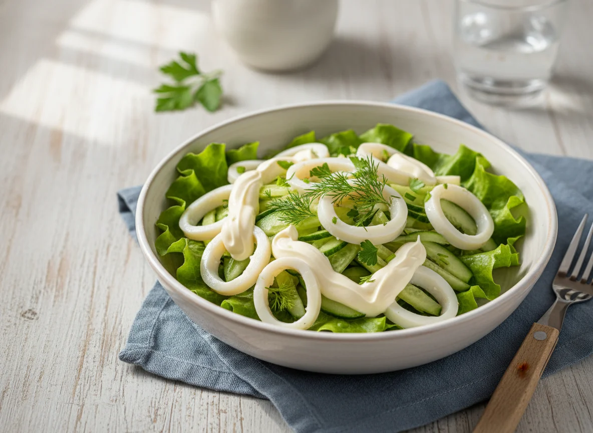 Салат из кальмаров с огурцами и майонезом photo