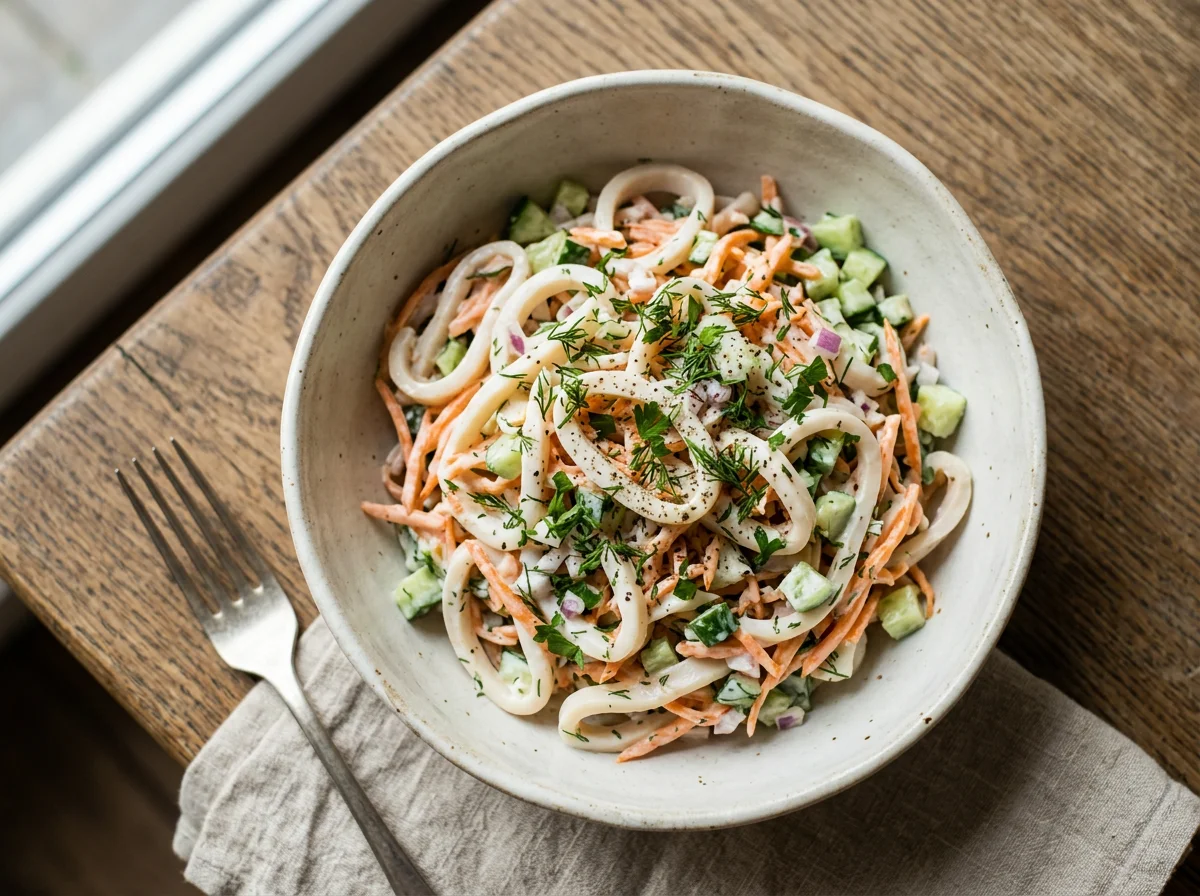 Салат из кальмаров с овощами и майонезом photo