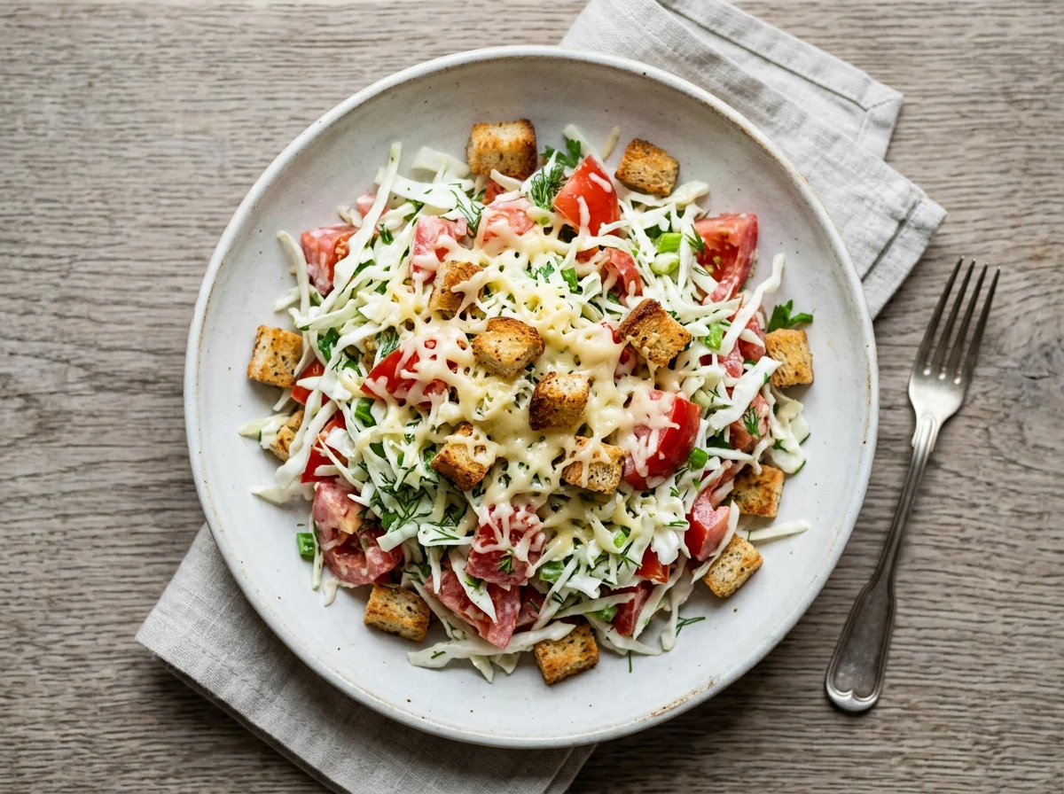 Салат из капусты и помидоров с гренками и сыром photo