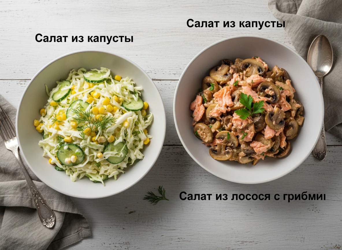 Салат из капусты и салат из лосося с грибами photo