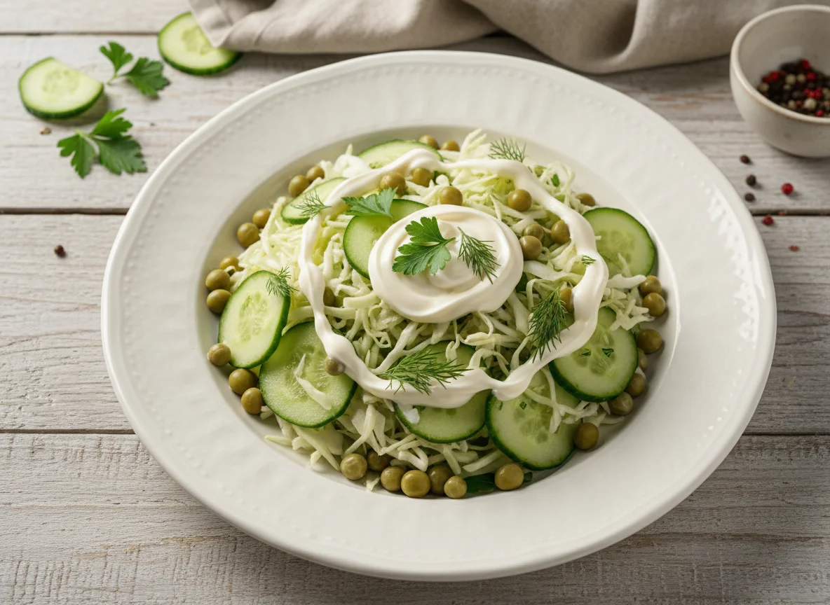 Салат из капусты с огурцами и горошком photo