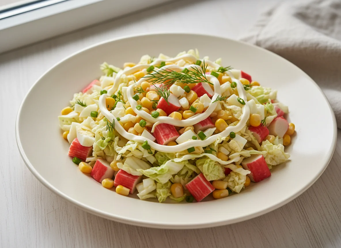 Салат из крабовых палочек с кукурузой и капустой photo