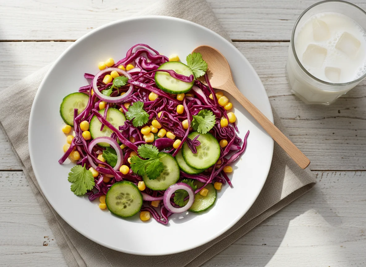 Салат из красной капусты с кукурузой и огурцом и молочный напиток photo