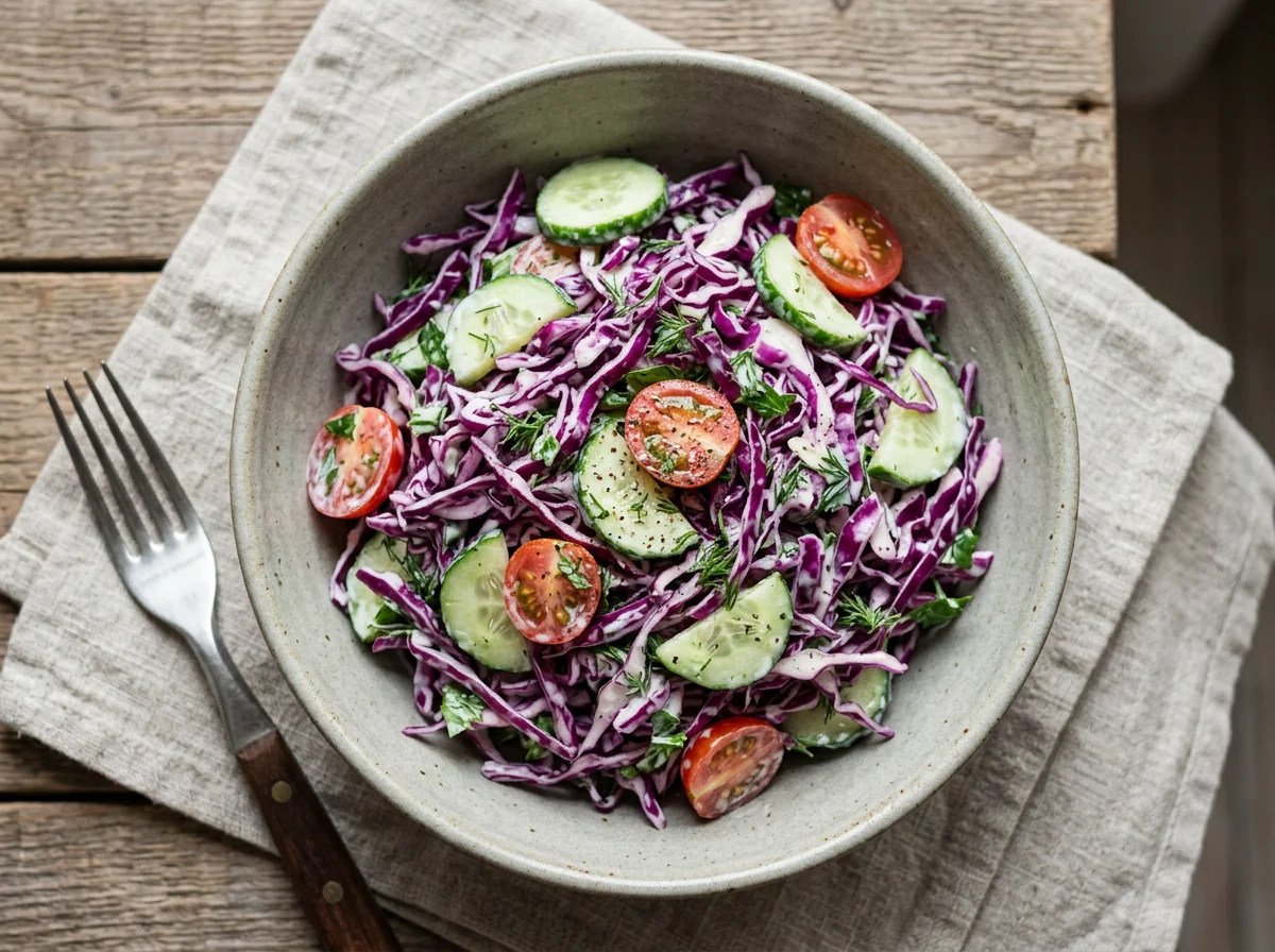 Салат из краснокочанной капусты с огурцами и помидорами photo