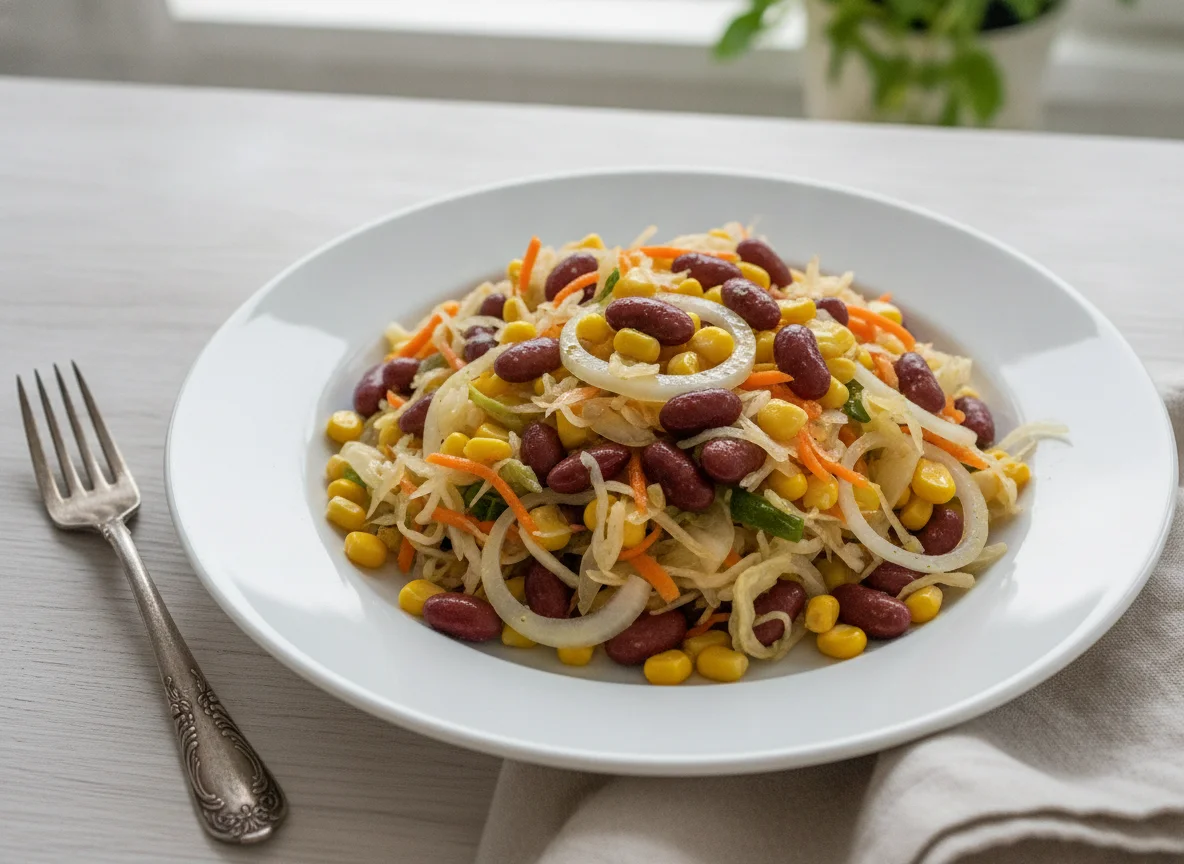 Салат из квашеной капусты с фасолью и кукурузой photo