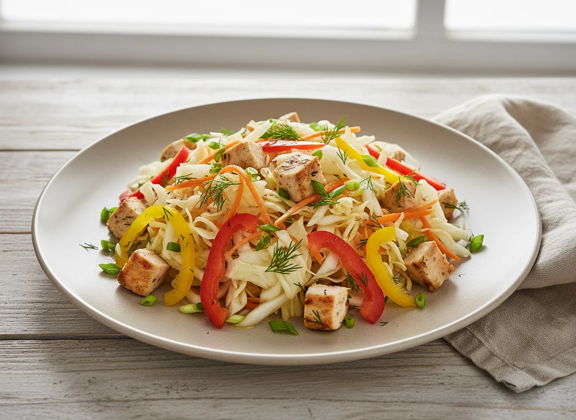 Салат из квашеной капусты с курицей и овощами photo