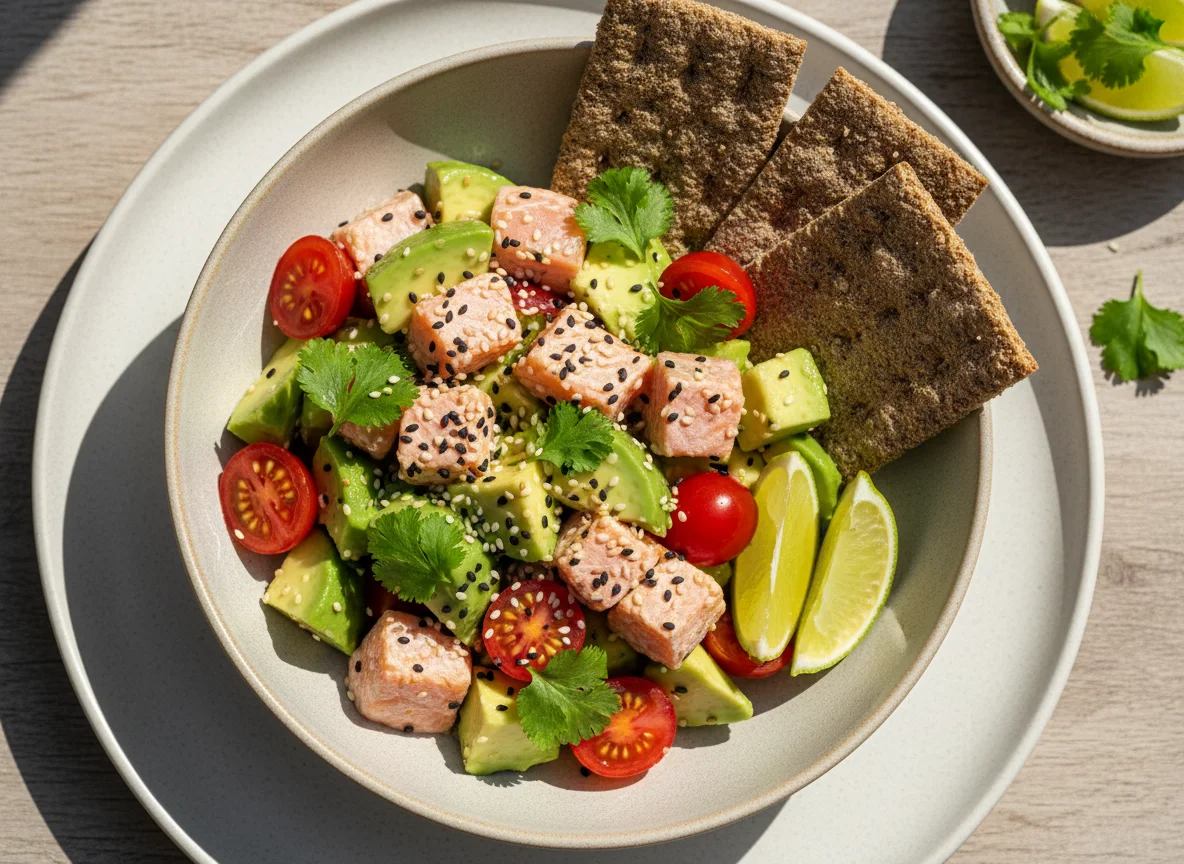 Салат из лосося и авокадо с крекерами photo