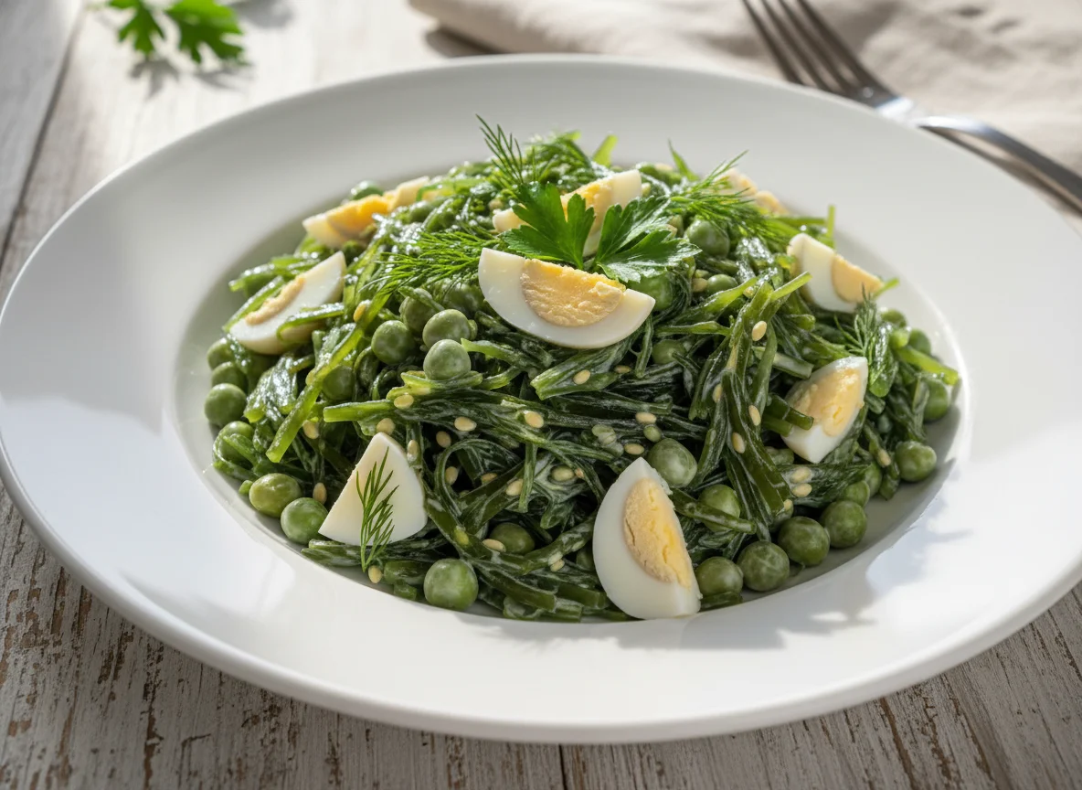 Салат из морской капусты с яйцом и горошком photo