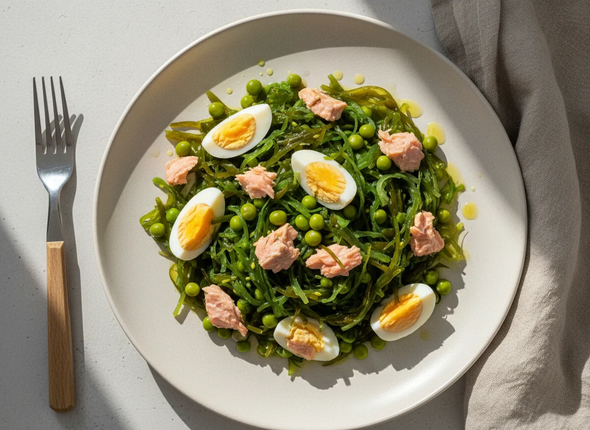 Салат из морской капусты с горбушей photo