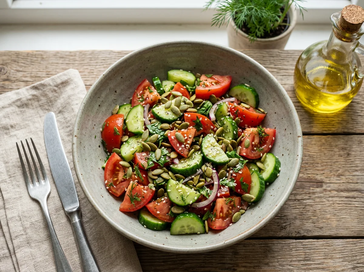 Салат из огурцов и помидоров с семечками photo