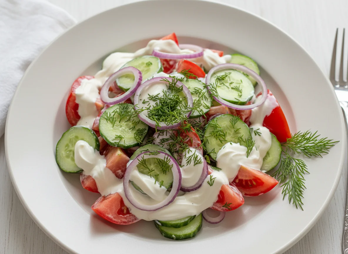Салат из огурцов и помидоров со сметаной и укропом photo