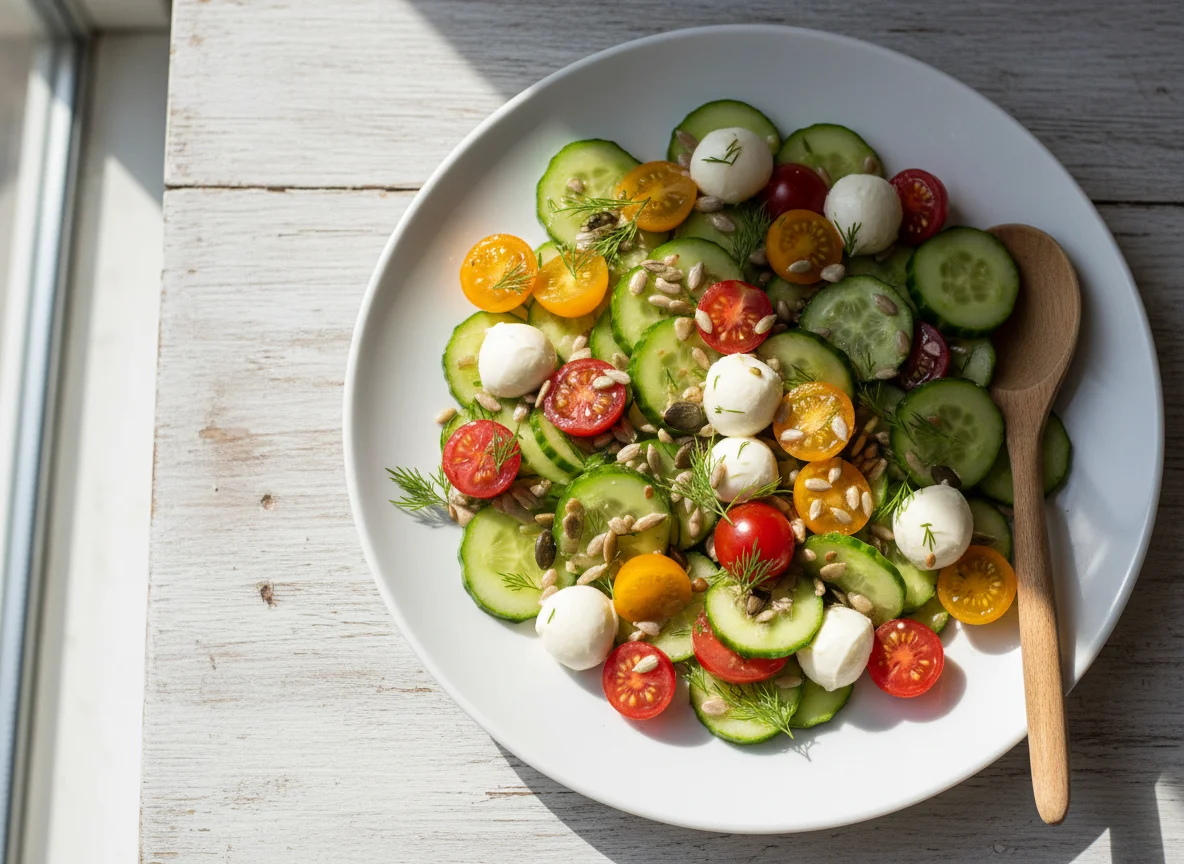 Салат из огурцов, помидоров черри и моцареллы photo