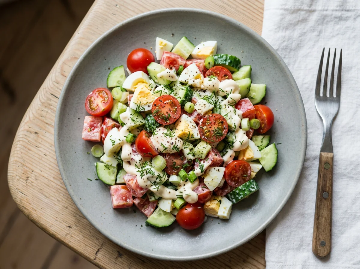 Салат из огурцов, помидоров и яиц с майонезом photo