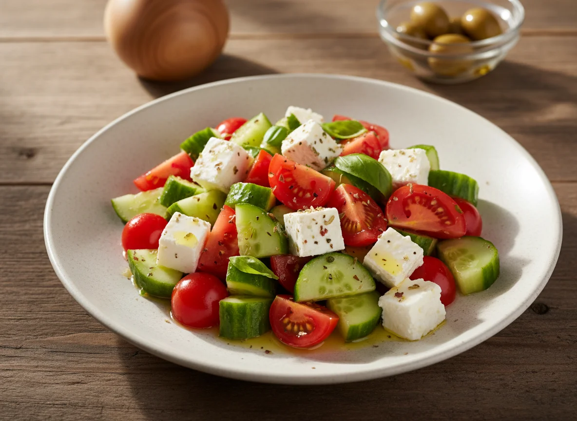 Салат из огурцов, помидоров и феты photo