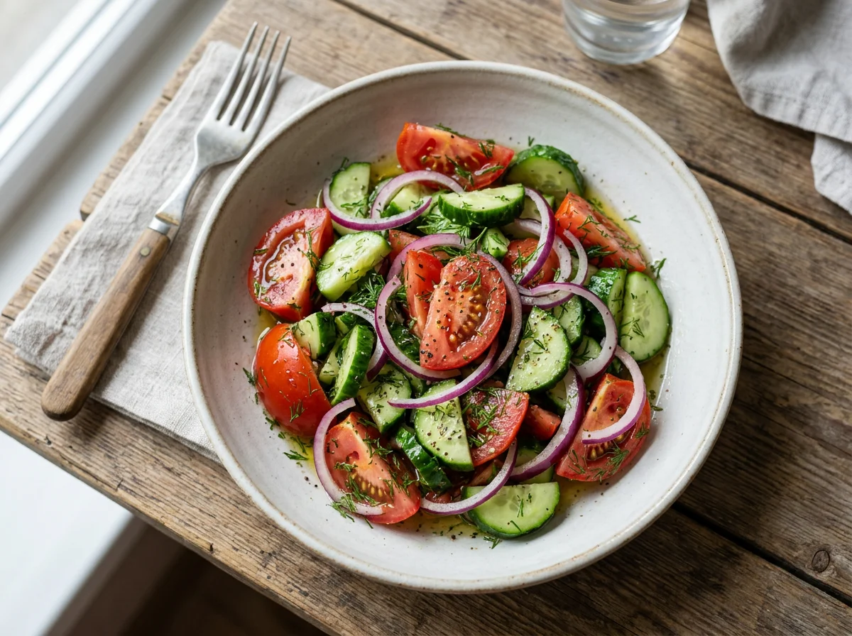 Салат из огурцов, помидоров и лука с укропом photo