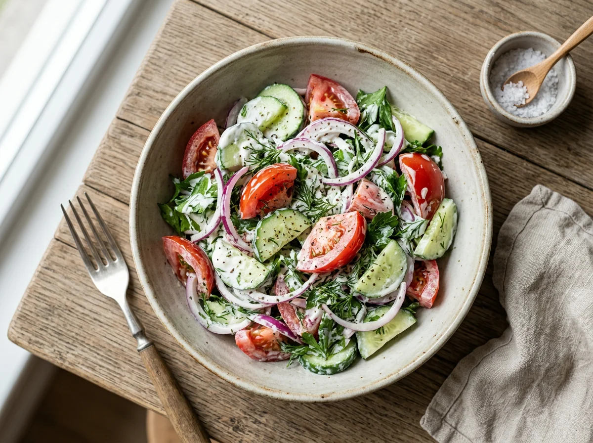Салат из огурцов, помидоров и лука со сметаной photo