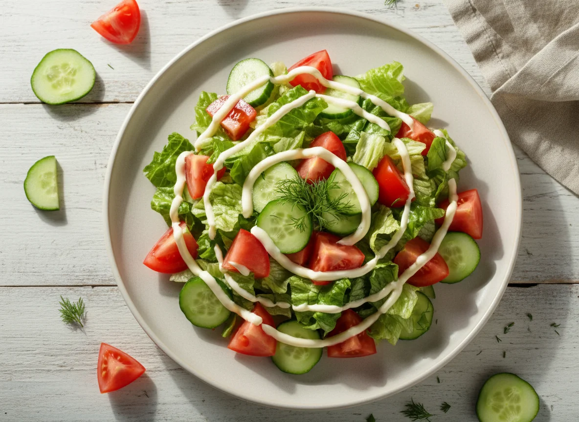 Салат из огурцов, помидоров и салата с майонезом photo