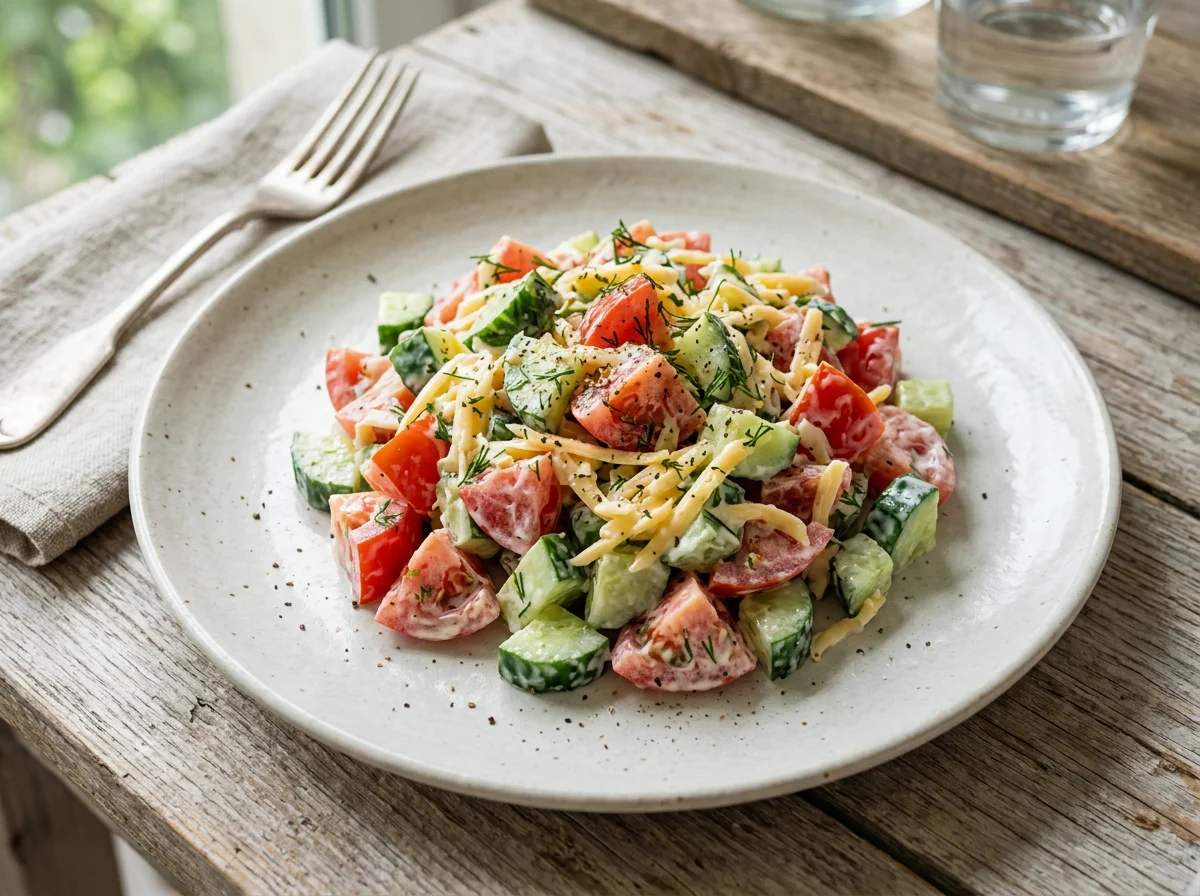 Салат из огурцов, помидоров и сыра с майонезом photo