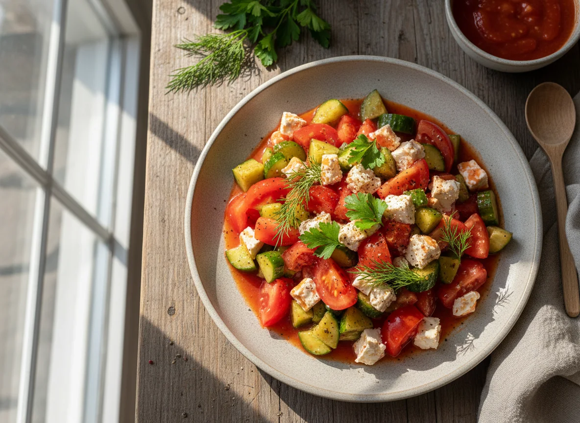 Салат из огурцов, помидоров и сыра с заправкой photo