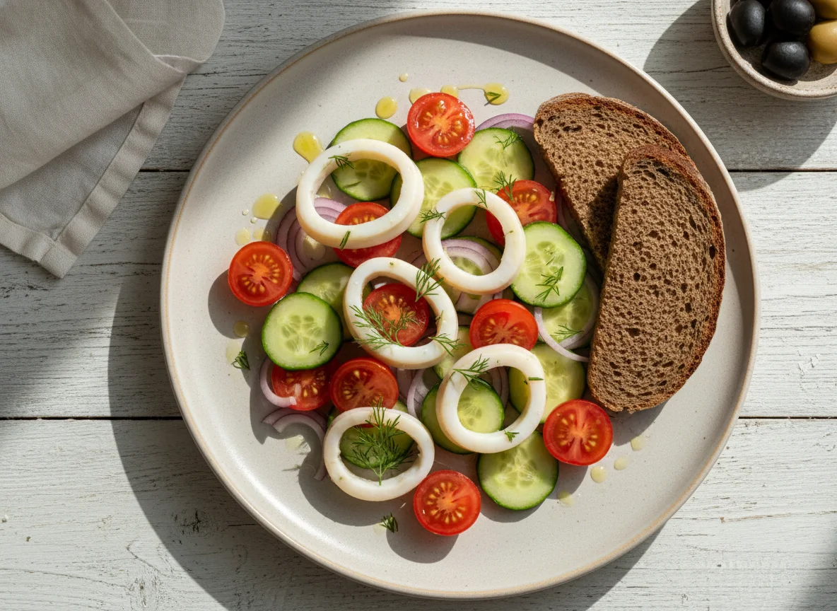 Салат из овощей с кальмарами и хлебом photo