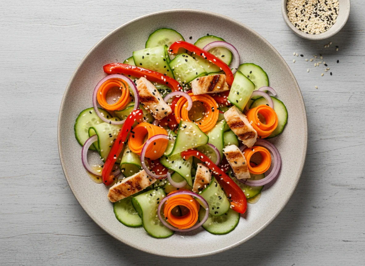 Салат из овощей с курицей и кунжутом photo