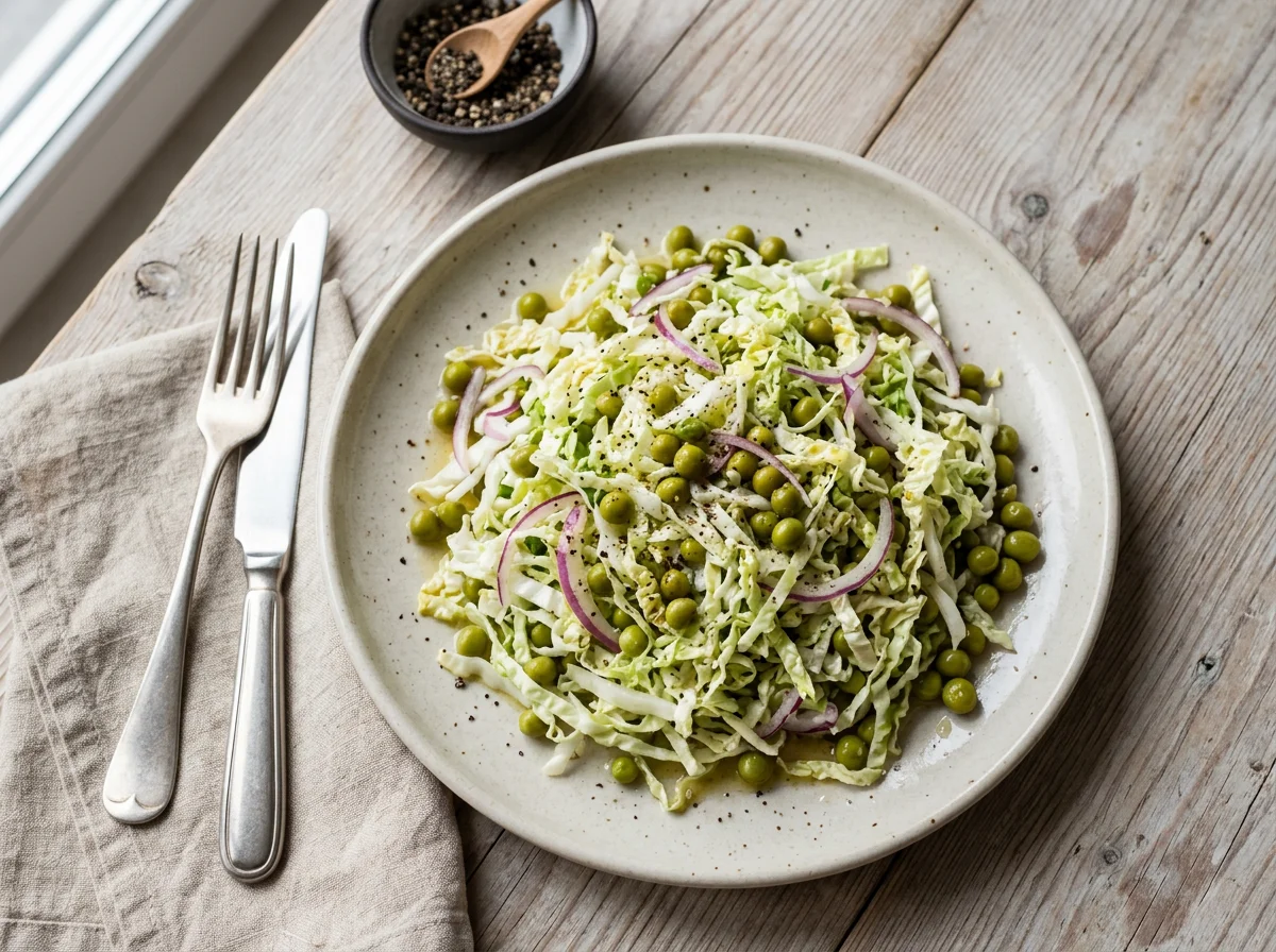 Салат из пекинской капусты с зеленым горошком и луком photo