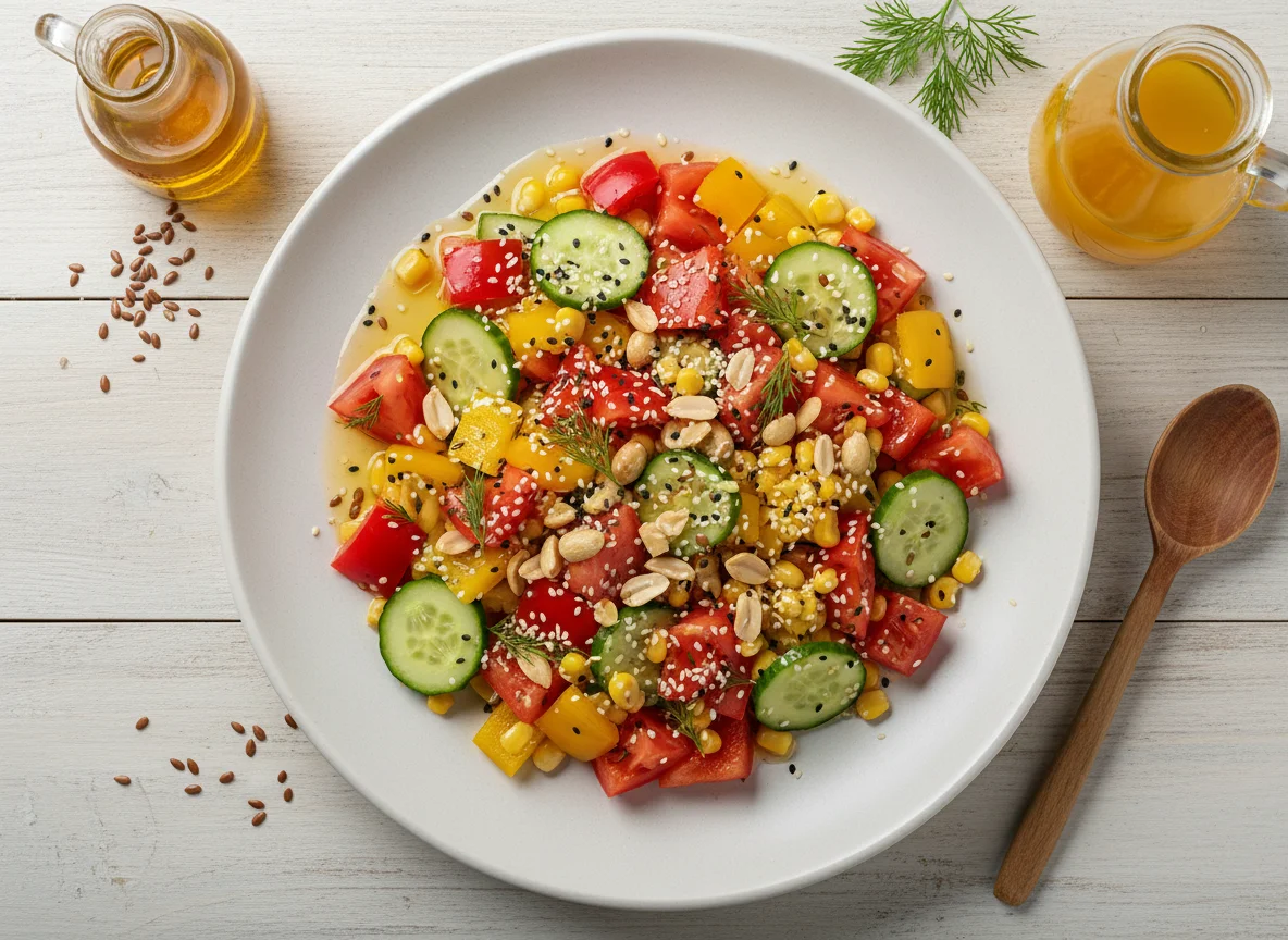 Салат из перцев, помидоров, огурцов, кукурузы, кунжута и арахиса, заправка льняное масло и нерафинированое подсолнечное photo