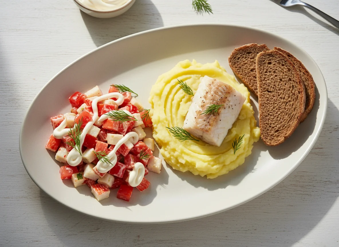 Салат из помидоров и крабовых палочек с пюре и рыбой photo