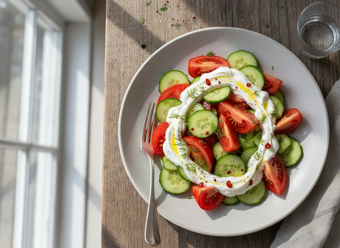 Салат из помидоров и огурцов с греческим йогуртом photo